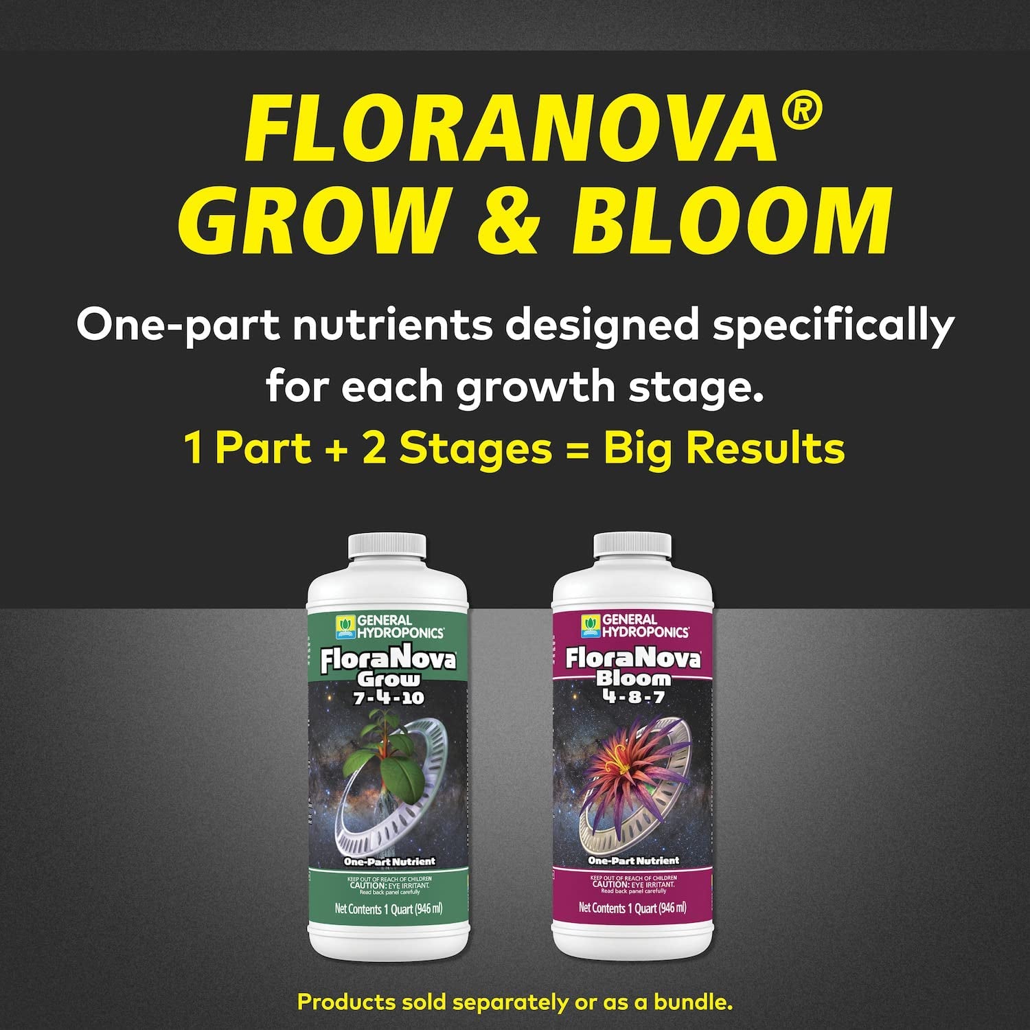 Floranova Grow 7-4-10, Robust Strength of Dry Fertilizer but in Rapid Liquid Form, Use for Hydroponics, Soilless Mixtures, Containers & Garden Grown Plants, 1-Quart