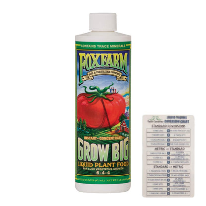 Fox Farm Grow Big Liquid Concentrate, 16 Oz + Twin Canaries Chart (1 Bottle)