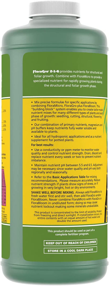 Floragro 2-1-6, Use with Floramicro & Florabloom, Provides Nutrients for Structural & Foliar Growth, Ideal for Hydroponics, 1-Quart