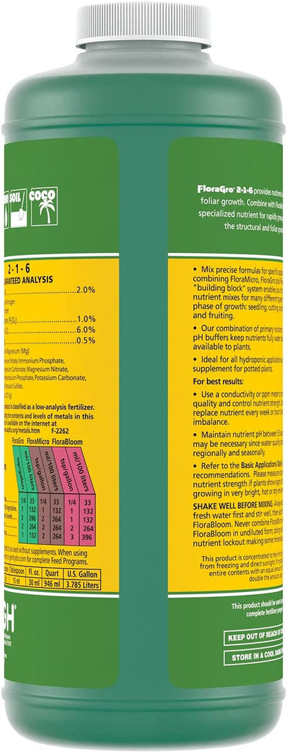 Floragro 2-1-6, Use with Floramicro & Florabloom, Provides Nutrients for Structural & Foliar Growth, Ideal for Hydroponics, 1-Quart