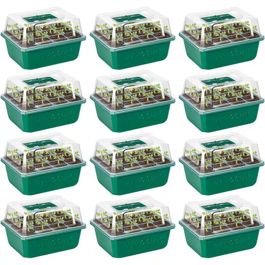 Indoor/Outdoor Reusable 144-Cell Seed Starter Trays with Humidity Dome, Drain Hole (12-Pack)