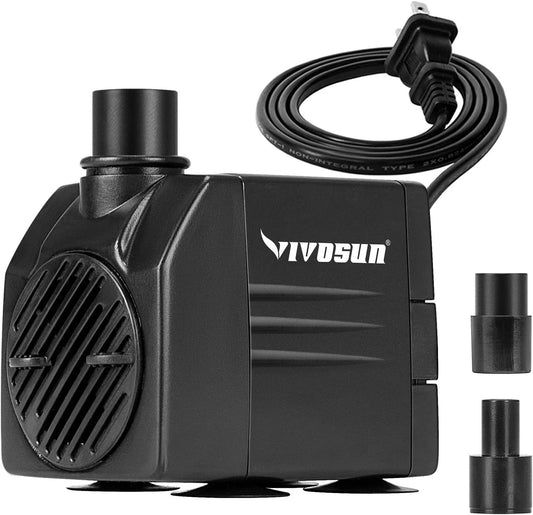 92GPH Submersible Pump(350L/H, 7W), Ultra Quiet Water Pump with 2.5Ft High Lift, Fountain Pump with 5Ft Power Cord, 2 Nozzles for Fish Tank, Aquarium, Statuary, Hydroponics