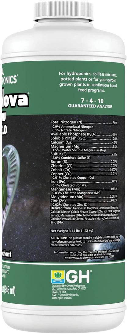 Floranova Grow 7-4-10, Robust Strength of Dry Fertilizer but in Rapid Liquid Form, Use for Hydroponics, Soilless Mixtures, Containers & Garden Grown Plants, 1-Quart