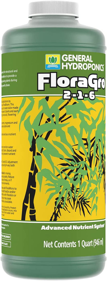Floragro 2-1-6, Use with Floramicro & Florabloom, Provides Nutrients for Structural & Foliar Growth, Ideal for Hydroponics, 1-Quart