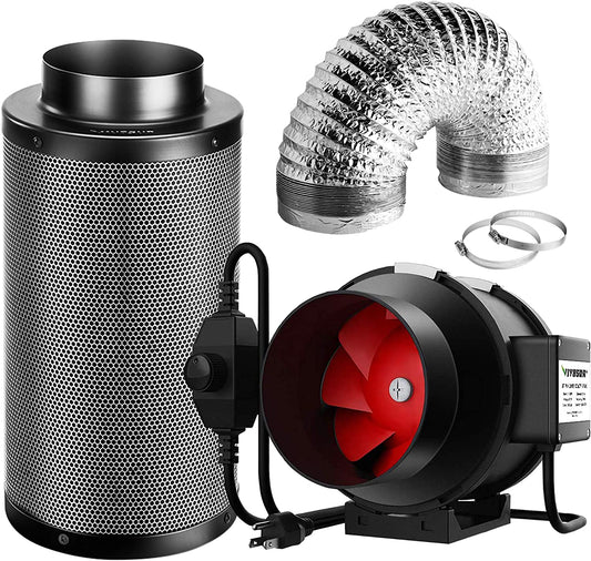 Air Filtration Kit, 6” 390 CFM Inline Ventilation Fan with Speed Controller, 6” Black Carbon Filter and 8’ of Ducting for Grow Tent, Planting Room, Air Circulation
