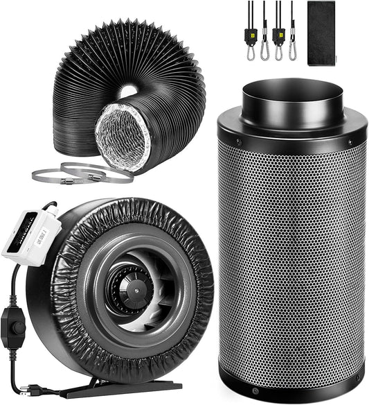 Grow Tent Ventilation System Kit: 8 Inch 740 CFM Inline Fan with Speed Controller, 8 Inch Carbon Filter and 25 Feet Black Ducting with a Pair of Rope Hanger