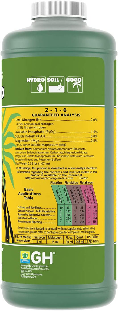 Floragro 2-1-6, Use with Floramicro & Florabloom, Provides Nutrients for Structural & Foliar Growth, Ideal for Hydroponics, 1-Quart