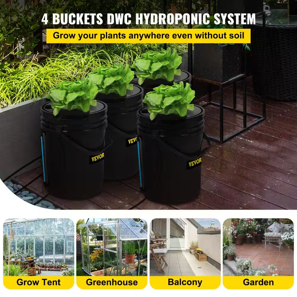 DWC Hydroponic System 5 Gal. Buckets Deep Water Culture Growing Bucket Hydroponics Grow Kit for Outdoor (4-Pack)