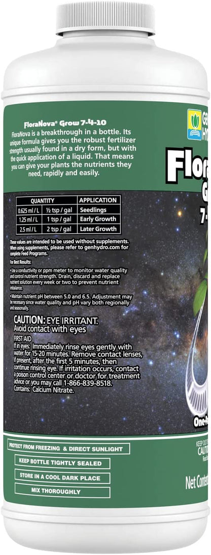 Floranova Grow 7-4-10, Robust Strength of Dry Fertilizer but in Rapid Liquid Form, Use for Hydroponics, Soilless Mixtures, Containers & Garden Grown Plants, 1-Quart