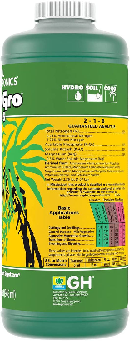 Floragro 2-1-6, Use with Floramicro & Florabloom, Provides Nutrients for Structural & Foliar Growth, Ideal for Hydroponics, 1-Quart